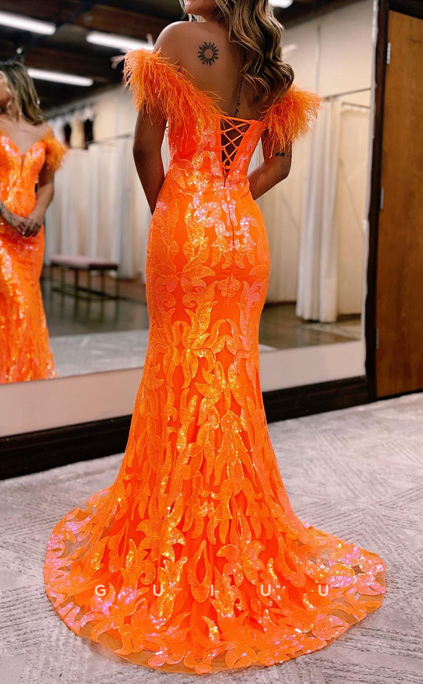 G2892 - Chic & Modern Off-Shoulder Sequins Feather Long Prom Formal Dress