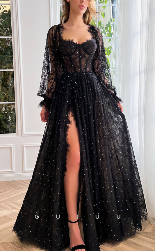 G2896 - Chic & Modern Sweetheart Sheer Lace Tulle Long Prom Formal Dress