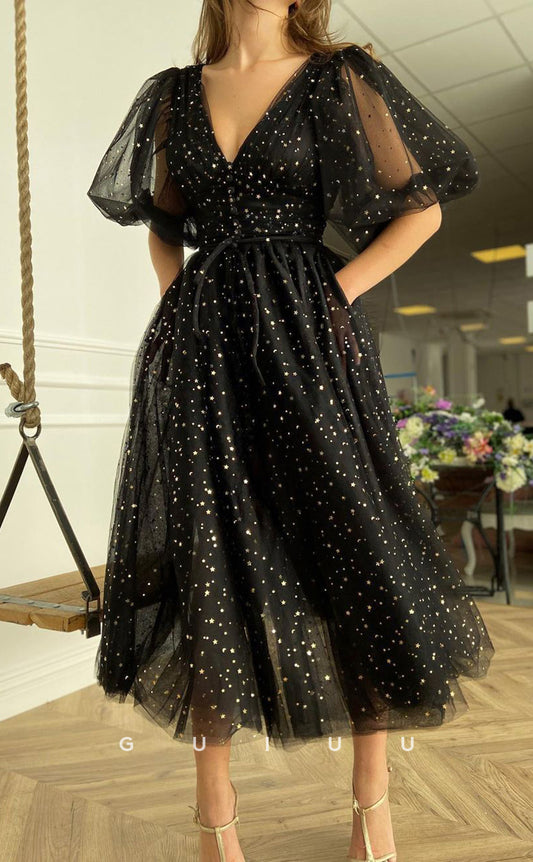 G2897 - Chic & Modern A-Line V-Neck Tulle Black Puffy Prom Formal Dress