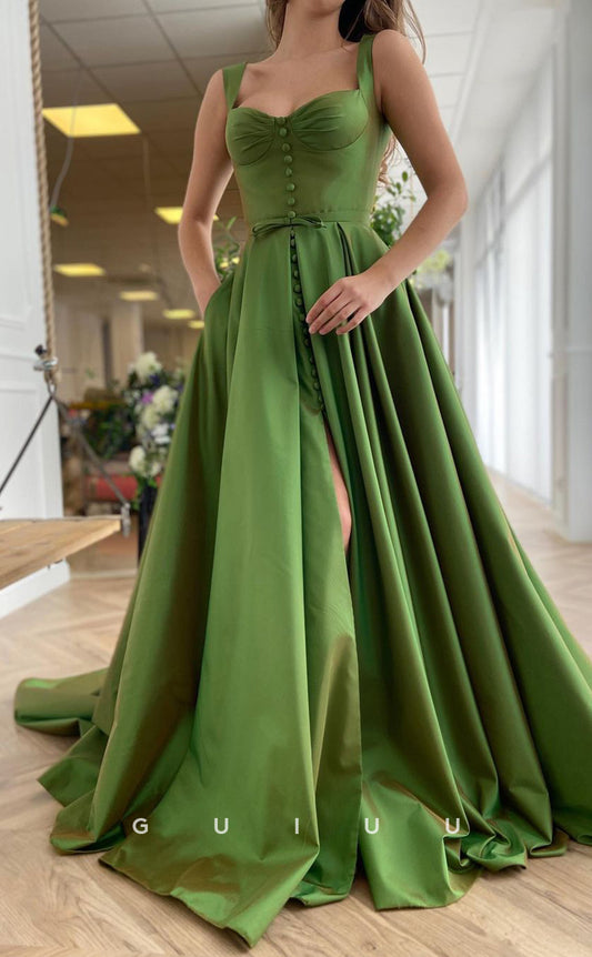G2901 - Elegant & Luxurious Sweetheart Straps Satin Green Prom Formal Dress