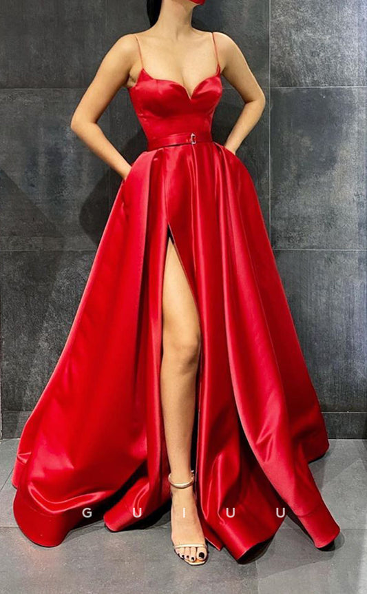 G2904 - Classic & Simple A-Line Sweetheart Red Satin Prom Formal Dress With Slit