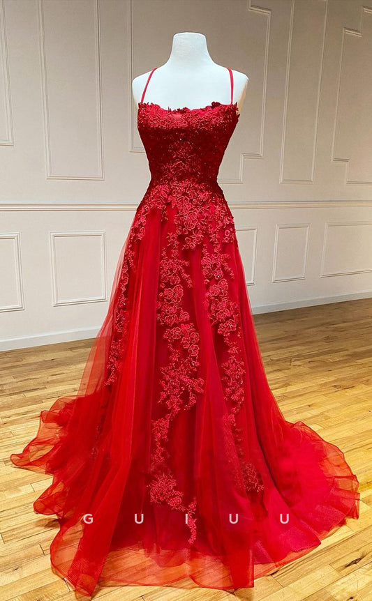 G2905 - Chic & Modern Lace Applique Straps Red Long Prom Formal Dress