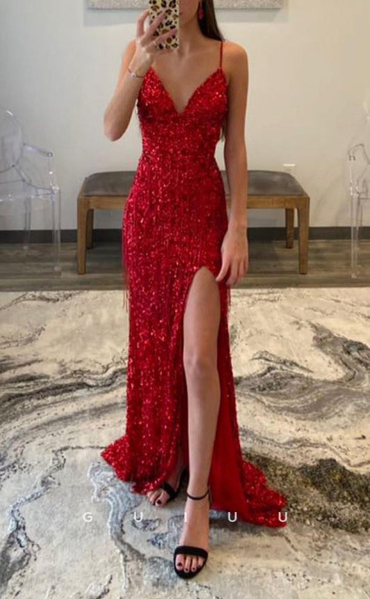 G2909 - Classic & Timeless V-Neck Sequins Red Long Prom Formal Dress
