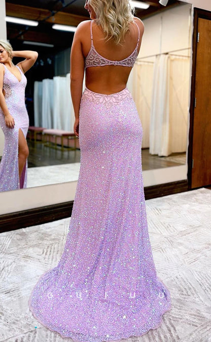 G2910 - Sexy Fitted V-Neck Sequin Beaded Long Prom Formal Dress