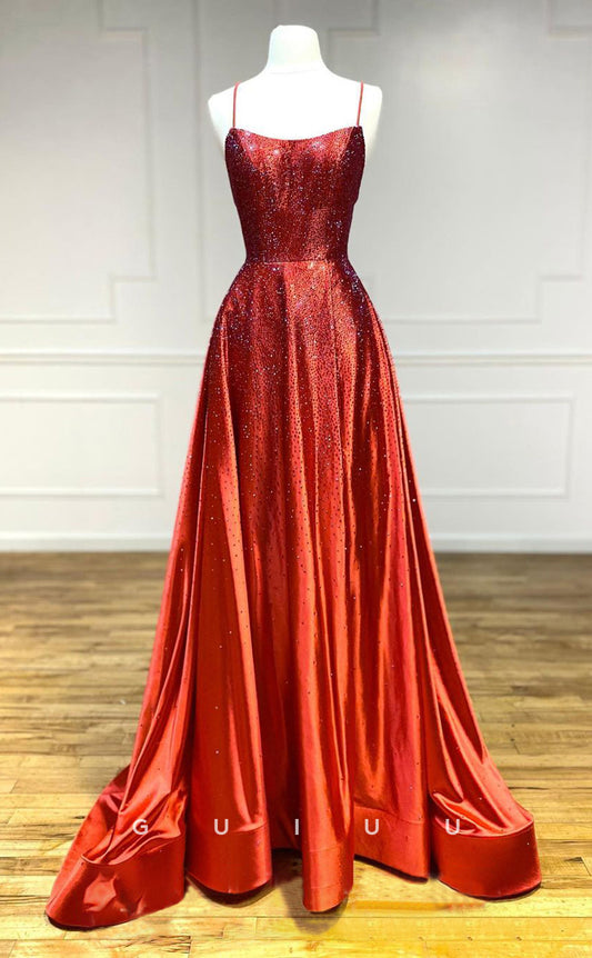G2912 - Elegant & Luxurious A-Line Beaded Straps Red Long Prom Formal Dress