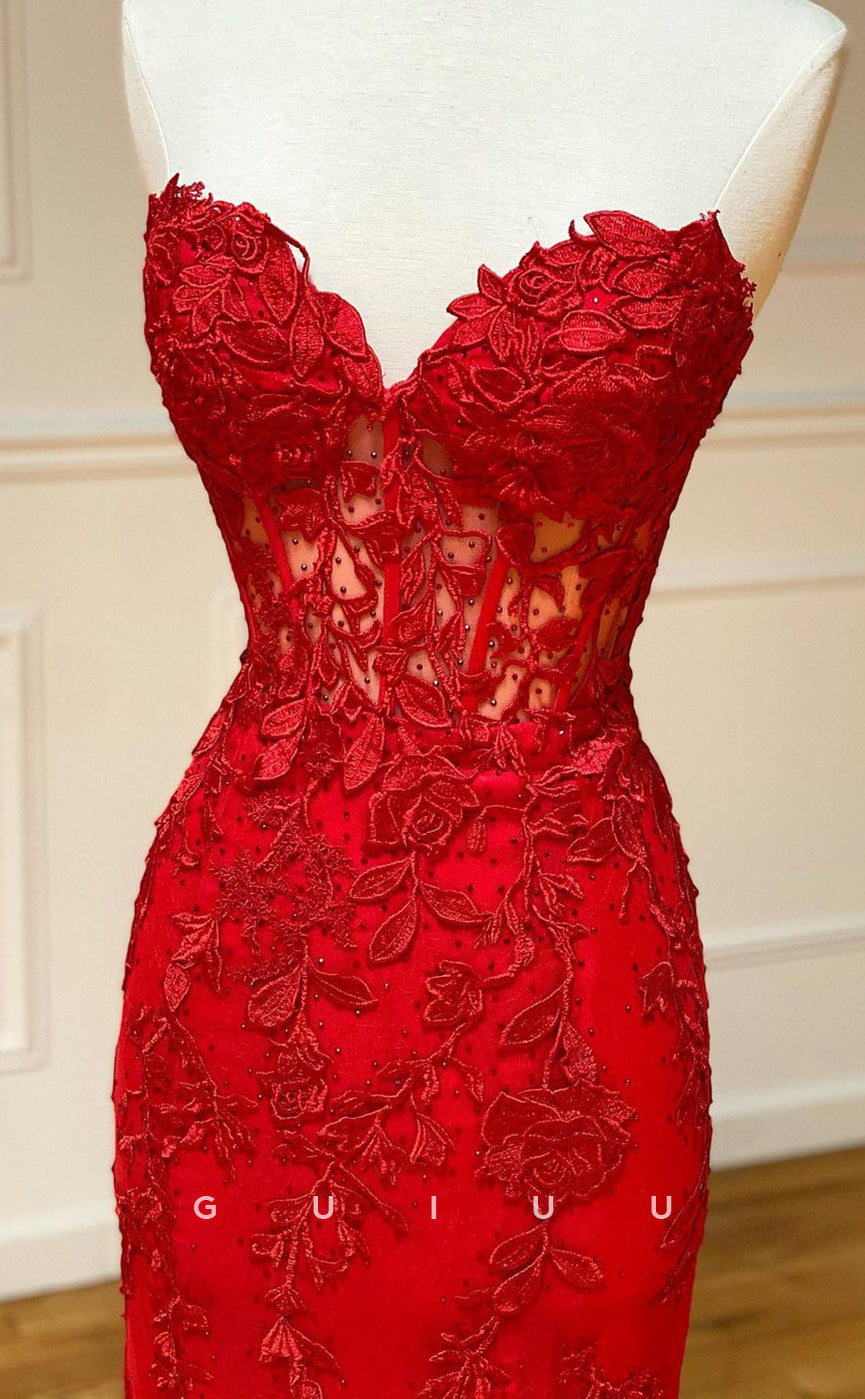 G2914 - Classic & Sheath Strapless Lace Applique Red Prom Formal Dress