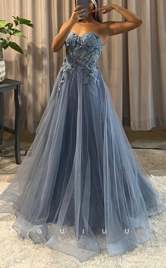 G2921 - Elegant A-Line Strapless Glitter Appllique Long Prom Formal Dress