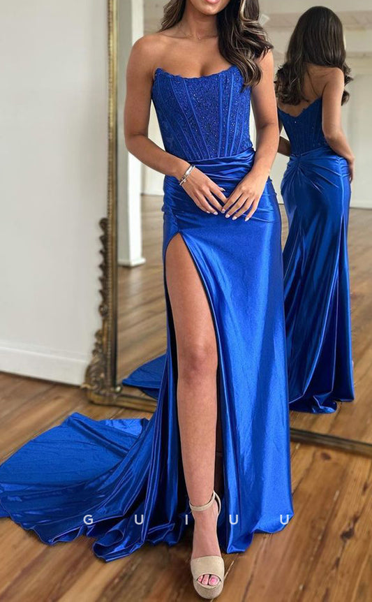 G2924 - Classic & Timeless Strapless Lace Satin Pleats Prom Formal Dress With Slit