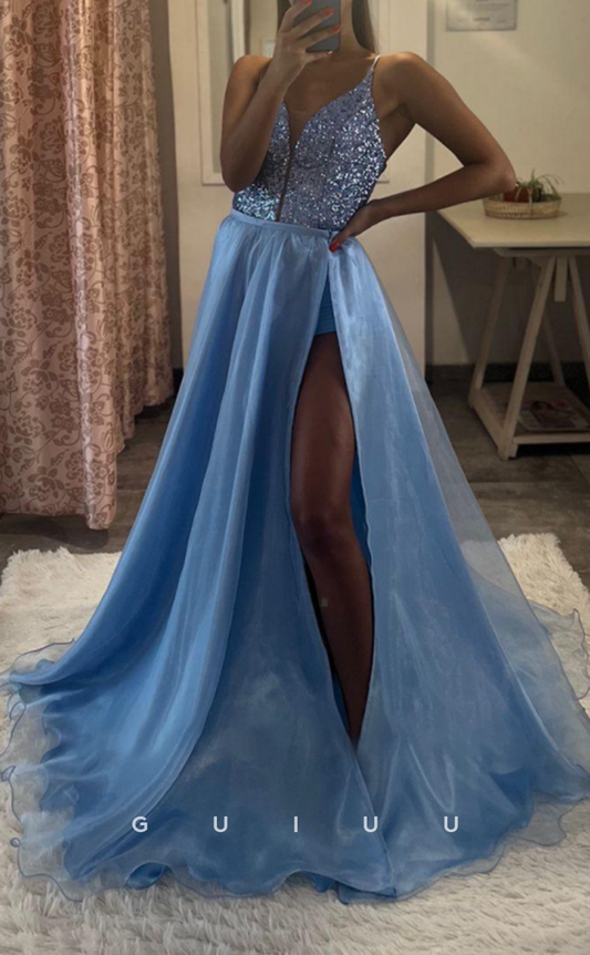 G2927 - A-Line V-Neck Glitter Sequins Two Piece Long Prom Formal Dress with Slit for Black Girl Slay