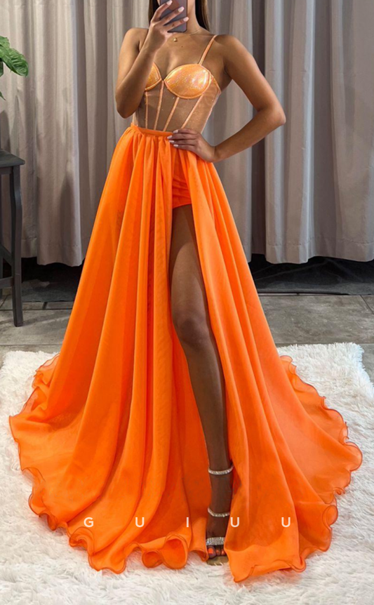 G2928 - Chic & Modern Sweetheart Straps Sheer Two Piece Long Prom Formal Dress