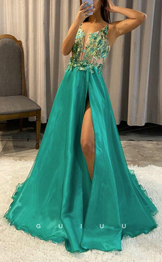 G2929 - Chic & Modern A-Line V-Neck Sequins Applique Long Prom Formal Dress