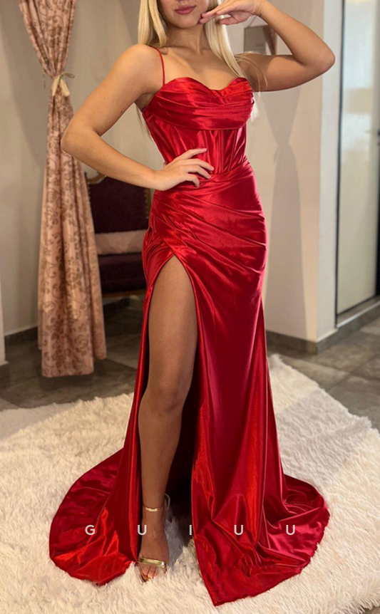 G2934 - Chic & Modern Sweetheart Satin Pleats Red Long Prom Formal Dress