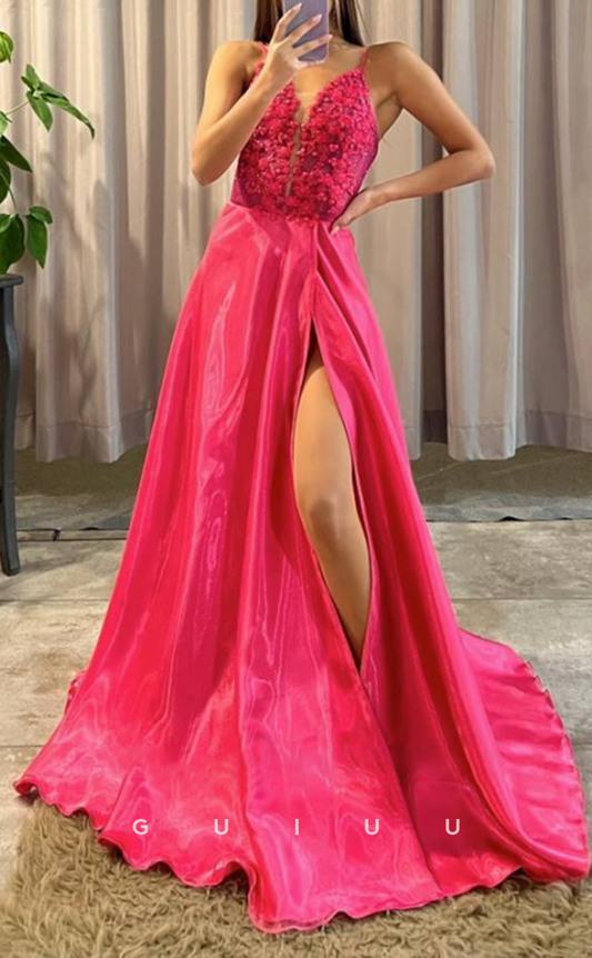 G2936 - Chic & Modern V-Neck Straps Applique Satin Long Prom Formal Dress