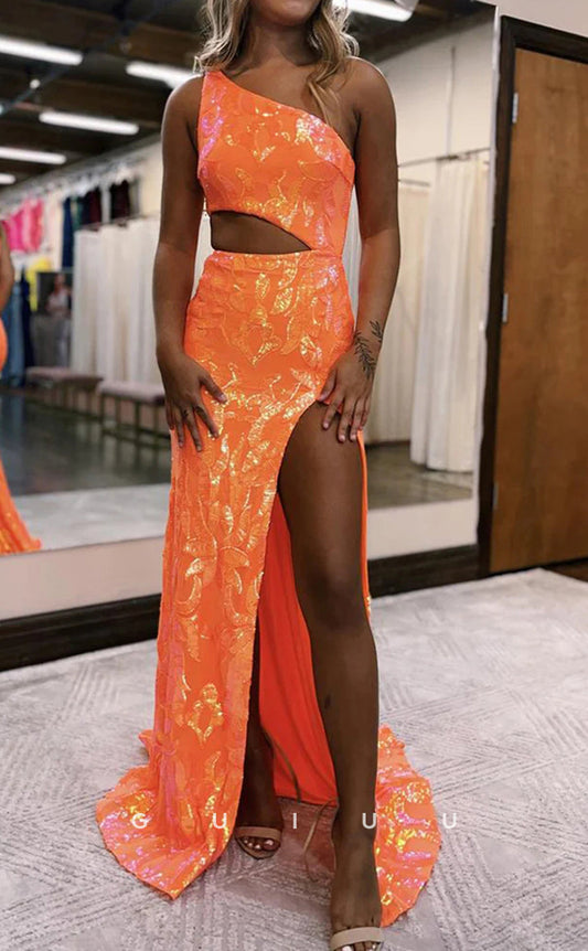 G2938 - Chic & Modern One Shoulder Sequins Orange Long Formal Prom Dress