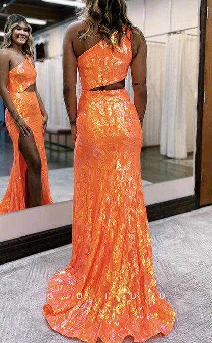 G2938 - Chic & Modern One Shoulder Sequins Orange Long Formal Prom Dress