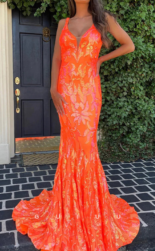 G2939 - Classic & Timeless V-Neck Sexy Mermaid Orange Long Formal Prom Dress