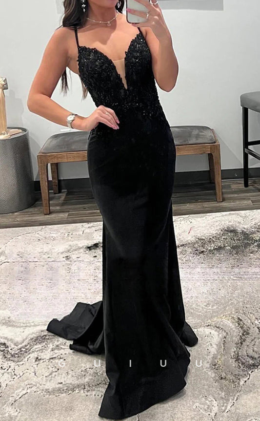 G2944 - Chic & Modern V-Neck Sequins Straps Black Long Formal Prom Dress