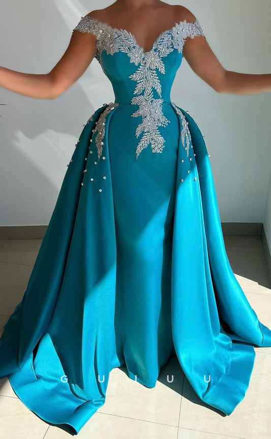 G2948 - A-Line Off-Shoulder Beaded Long Formal Prom Dress With Train
