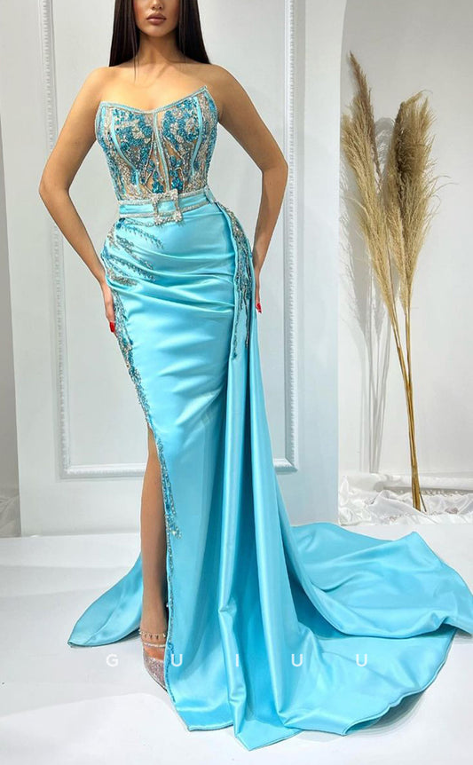 G2953 - Chic & Modern Beaded Sheer Pleats Blue Long Formal Prom Dress