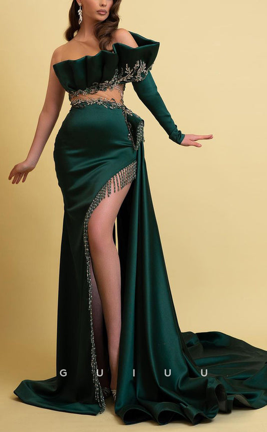 G2958 - Unique Strapless Illusion Bead-Fringed Ruched Long Formal Prom Dress