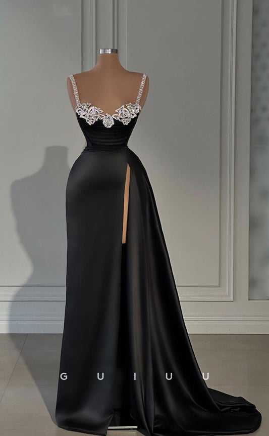 G2963 - Chic & Modern Sweetheart Beaded Black Long Formal Prom Dress