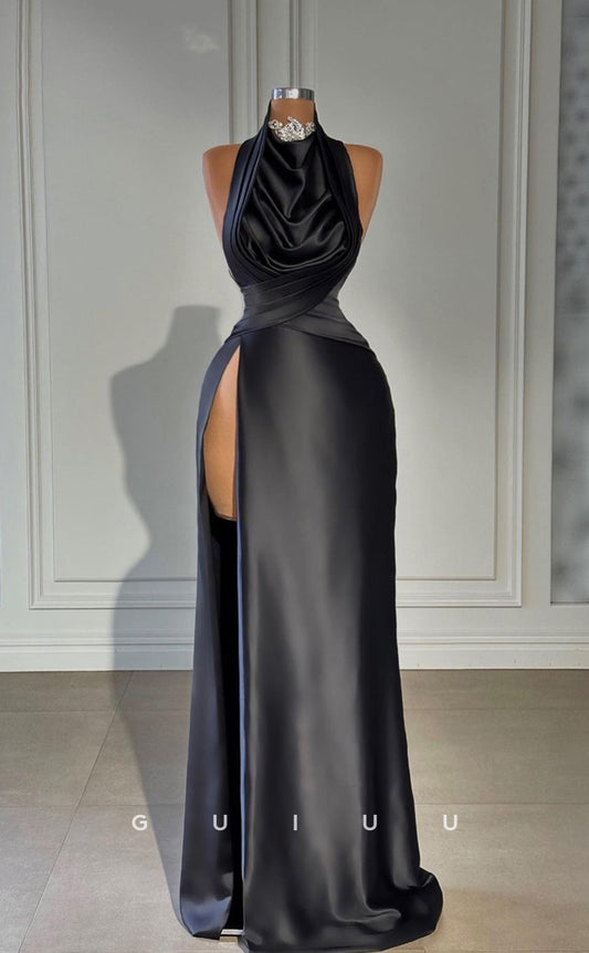 G2964 - Chic & Modern High Neck Beaded Pleats Black Long Formal Prom Dress