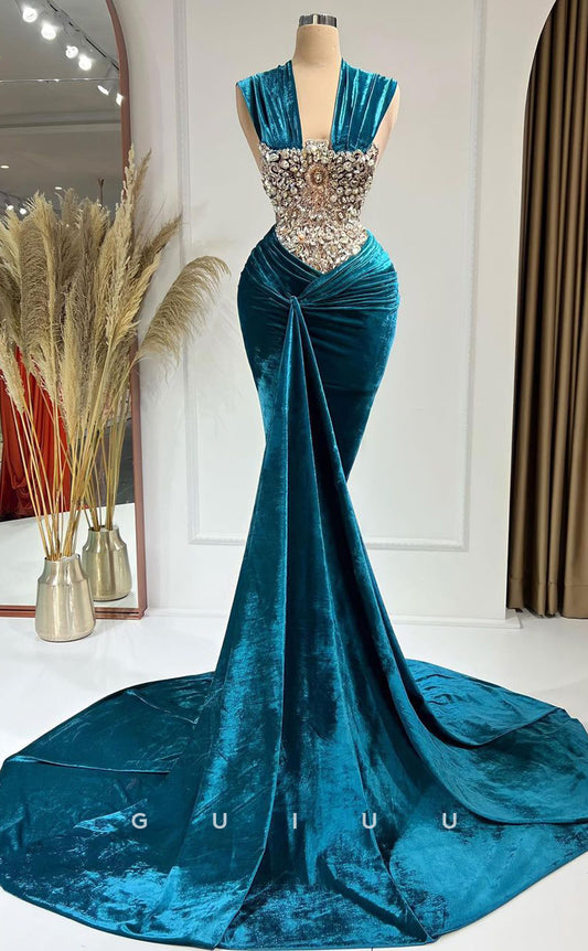 G2965 - Chic & Modern Mermaid Beaded Velvet Pleats Long Formal Prom Dress