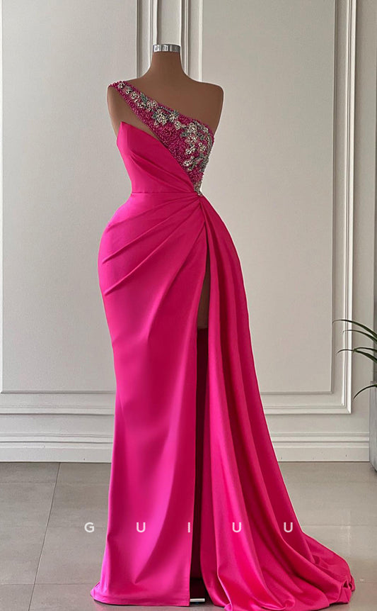 G2966 - Chic & Modern One Shoulder Beaded Pleats Long Formal Prom Dress