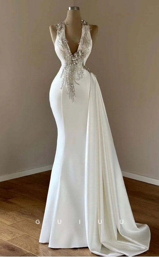G2970 - Sheath Fitted V-Neck Beaded White Long Formal Prom Dress With Train
