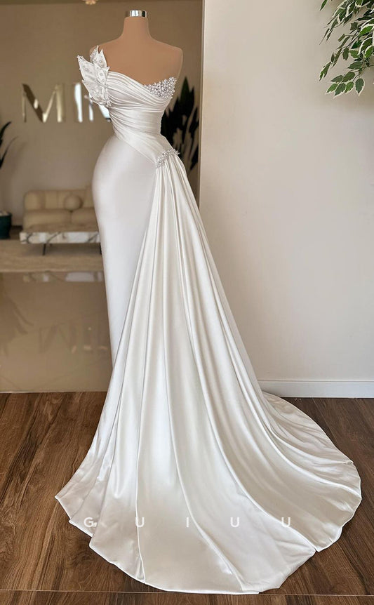 G2971 - Elegant & Luxurious Strapless Beaded Pleats White Formal Prom Dress With Train