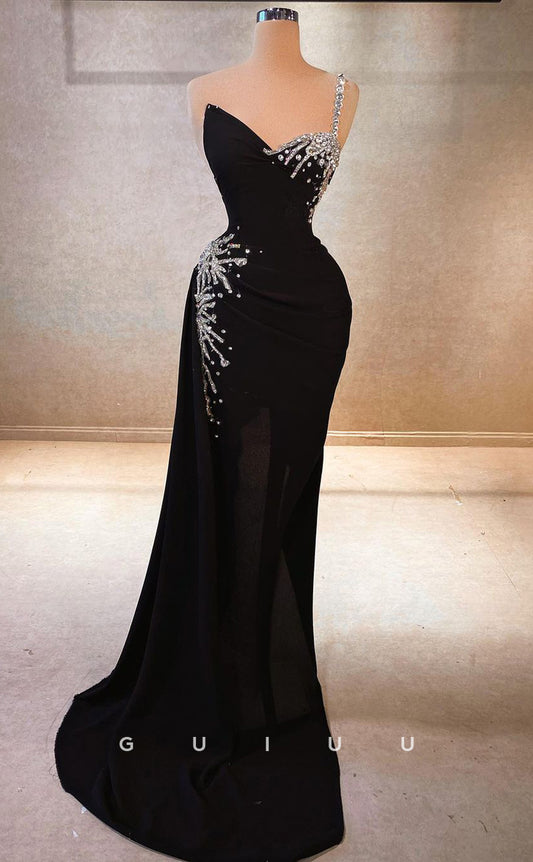 G2972 - Chic & Modern One Shoulder Beaded Black Long Formal Prom Dress