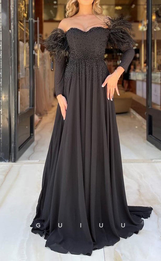 G2983 - Chic & Modern Off-Shoulder Beaded Feather Black Long Formal Prom Dress