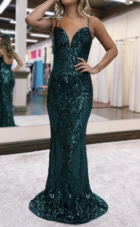 G2985 - Chic & Modern Mermaid V-Neck Sequins Straps Long Formal Prom Dress