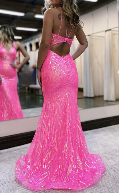 G2987 - Chic & Modern Memid V-Neck Sequind Pink Long Formal Prom Dress
