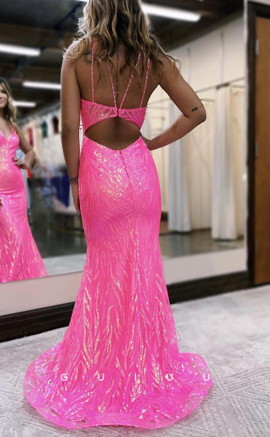 G2987 - Chic & Modern Memid V-Neck Sequind Pink Long Formal Prom Dress