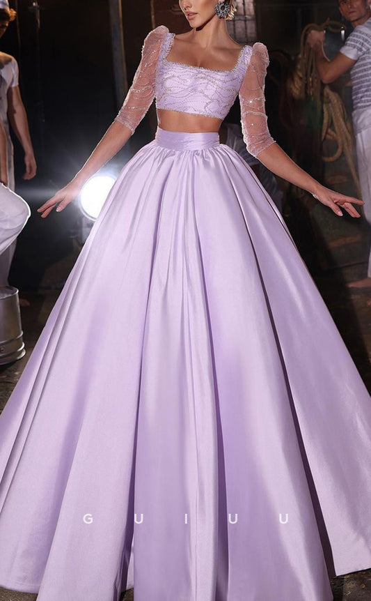 G2990 - A-Line Square Beaded Two-Piece Lilac Long Formal Prom Dress
