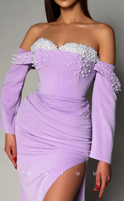 G2996 - Chic & Modern Off-Shoulder Beaded PLeats Lilac Long Sleeves Formal Prom Dress