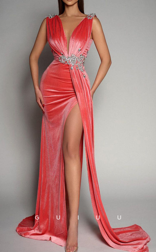 G2997 - Chic & Modern V-Neck Beaded Velvet Pleats Long Formal Prom Dress With Slit