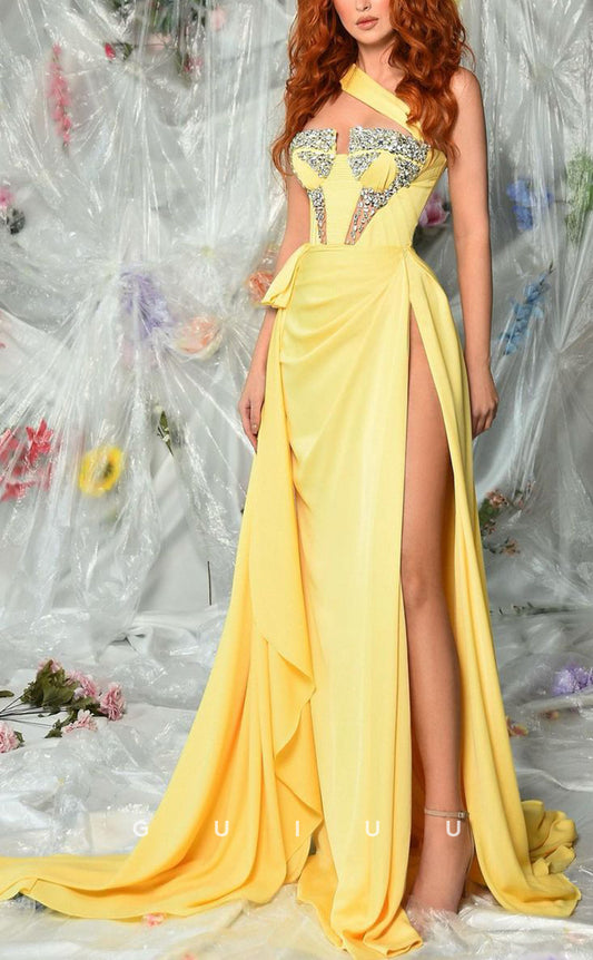G3001 - Chic & Modern One Shoulder Beaded Pleats Long Formal Prom Dress