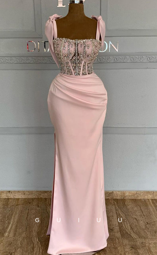 G3003 - Chic & Modern Square Beaded Pleats Pink Long Formal Prom Dress With Bow