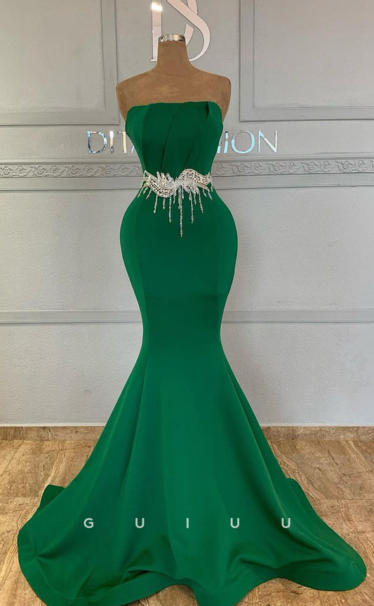 G3004 - Sheath Mermaid Strapless Beaded Green Long Formal Prom Dress