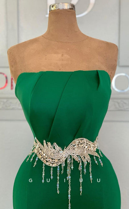 G3004 - Sheath Mermaid Strapless Beaded Green Long Formal Prom Dress