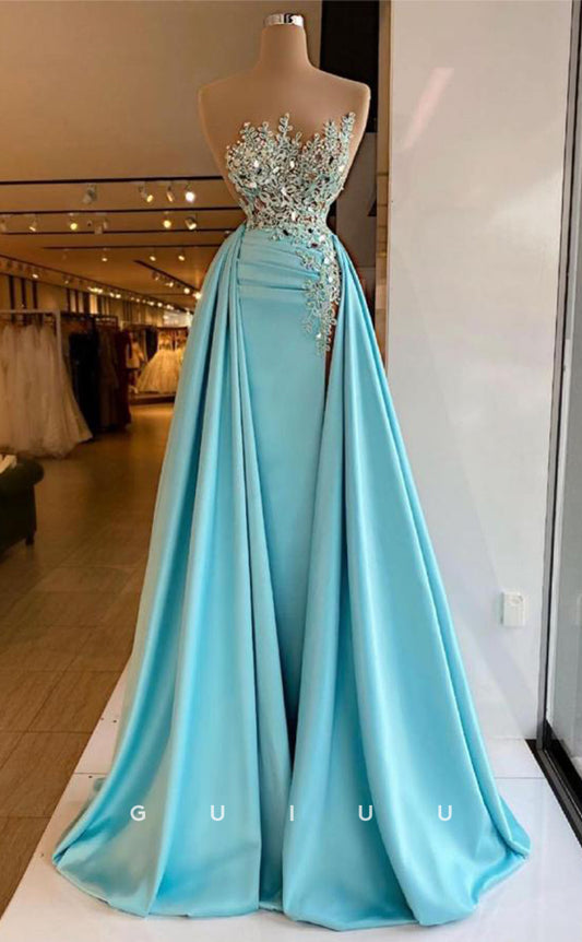 G3005 - Elegant Strapless Sheer Applique Beaded Pleats Long Formal Prom Dress