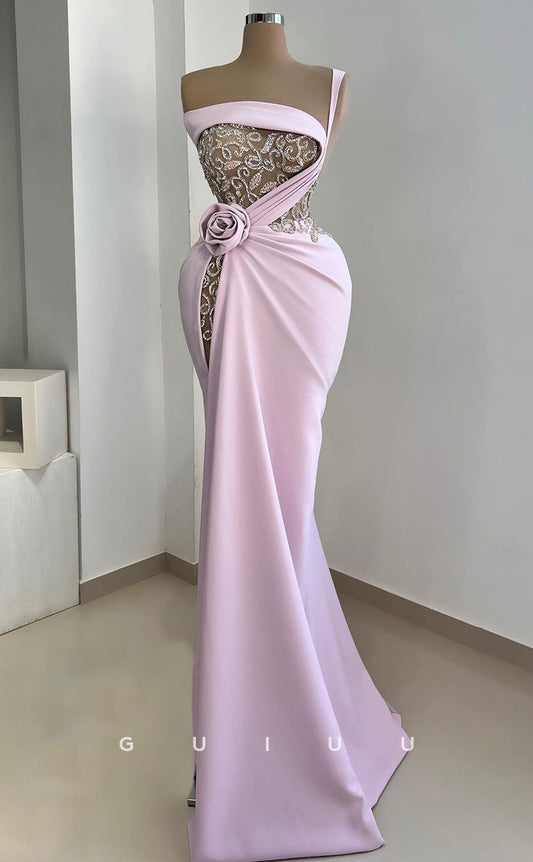 G3008 - Elegant & Luxurious One Shoulder Sheer Beaded Pink Long Formal Prom Dress