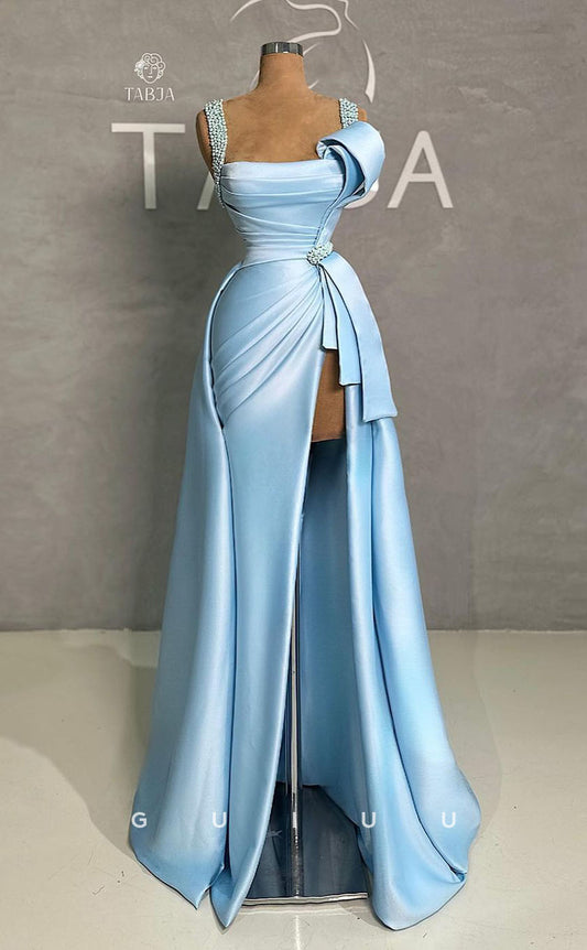 G3015 - Chic & Modern Beaded Straps Pleats Long Formal Prom Dress With Slit
