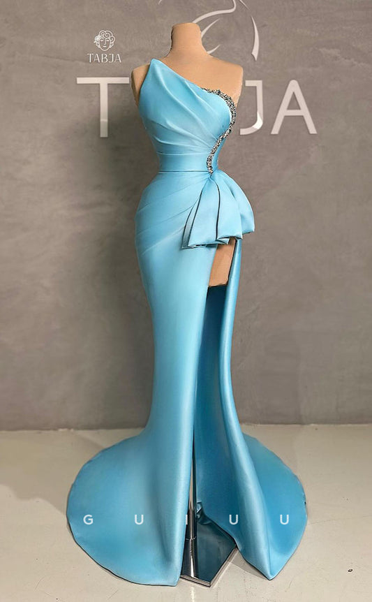 G3016 - Chic & Modern One Shoulder Beaded Pleats Blue Formal Prom Dress With Bow