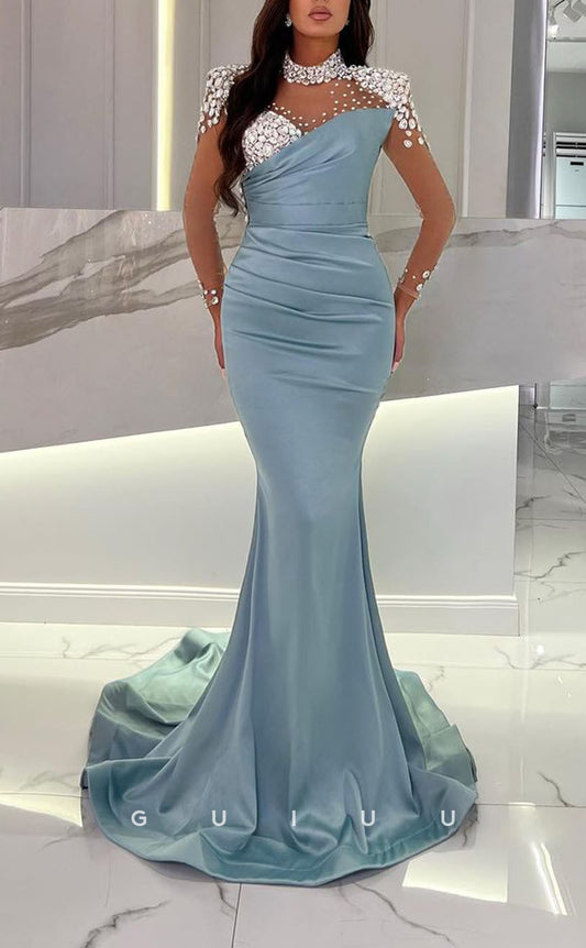 G3021 - Elegant & Luxurious Beaded Mermaid Pleats Long Formal Prom Dress