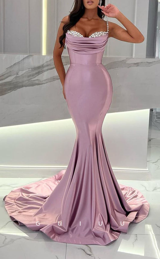 G3022 - Fitted Mermaid Sweetheart Beaded Straps Pleats Formal Prom Dress