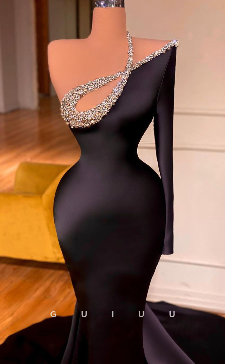 G3023 - Classic & Timeless Mermaid Beaded One Shoulder Black Long Formal Prom Dress