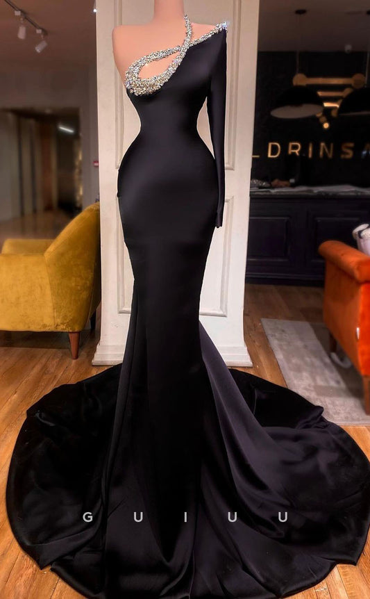 G3023 - Classic & Timeless Mermaid Beaded One Shoulder Black Long Formal Prom Dress